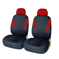 Two black and red polyester car seat covers with headrests displayed against a white background.