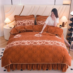 Winter Warm Coral Velvet Bedding Sets Home Double-Sided Thickened Flannel Four-Piece Set Quilt Cover Sheet Milk Velvet Bed Skirt SHOWLU FASHION STORE