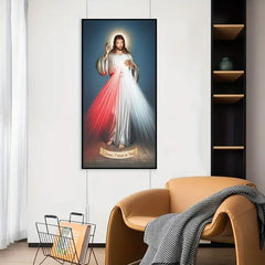 A vertical canvas print of the Divine Mercy Jesus painting with the text Jesus I trust in You.