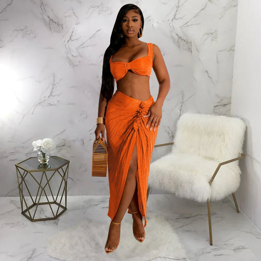 Summer Dresses for Women Two Pieces Set Sexy Backless Halter Top and High Waist Side Slit Pleated Skirt Matching Lady Streetwear SHOWLU FASHION STORE