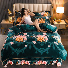 Winter Warm Coral Velvet Bedding Sets Home Double-Sided Thickened Flannel Four-Piece Set Quilt Cover Sheet Milk Velvet Bed Skirt SHOWLU FASHION STORE