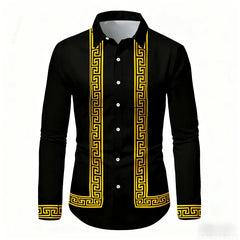 Men's Retro Geometric Print Long-Sleeve Shirt, Stylish Black and White Color-Blocked Slim Fit Shirt, Casual and Versatile Top