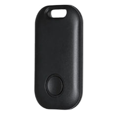 A black, rectangular Bluetooth GPS tracker with a single button and a hole for a keychain.