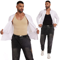 A man models a sleeveless compression shapewear tank top in beige and black under an open shirt.
