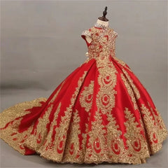JDY Custom Girls' Sleeveless Ball Gown with Intricate Gold Lace Embroidery & Long Train - Elegant Princess Dress for Special Occ