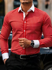 Men's business casual striped long-sleeved shirt, stylish design with lapel and contrasting color splicing, men's casual top.