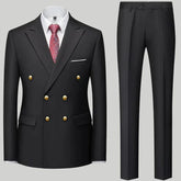 A black double-breasted suit set featuring gold buttons, a white shirt, and a red patterned tie.