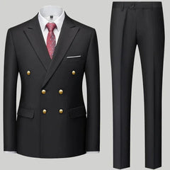 A black double-breasted suit set featuring gold buttons, a white shirt, and a red patterned tie.