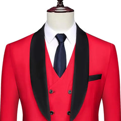 A red three-piece tuxedo with a black shawl lapel, white shirt, and dark tie.