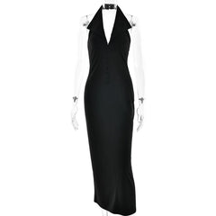 Sexy Halter Deep V Neck Sleeveless Maxi Dress Women Elegant Backless Split Bodycon Dresses Autumn Femme Fashion Vest Long Dress