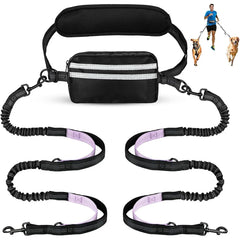 A hands-free dual dog leash with a waist pouch and two bungee leads for walking two dogs.
