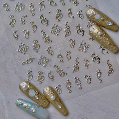 Elegant Gold Scepter 5D Nail Art Stickers Gorgeous Gemstone Luxury Courtly Pattern Necklace Frame Self Adhesive Manicure Decals
