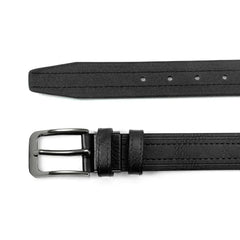 A black leather belt for men featuring a square metal pin buckle and stitched detailing.