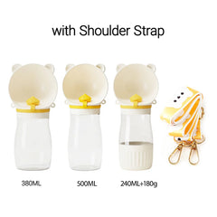 Three portable pet water bottles in different sizes with a yellow shoulder strap.