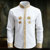 New men's floral long sleeved shirt with gold 3D clover print, fashionable and luxurious long sleeved shirt top