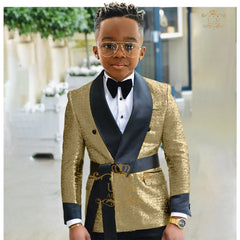 Boys' shiny suit 2-piece set (jacket+pants) gold sequin shawl lapel waistband custom children tuxedo for wedding banquet party