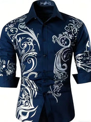 New men's fashionable 3D flame printed shirt with casual long sleeved button design and fashionable shirt top