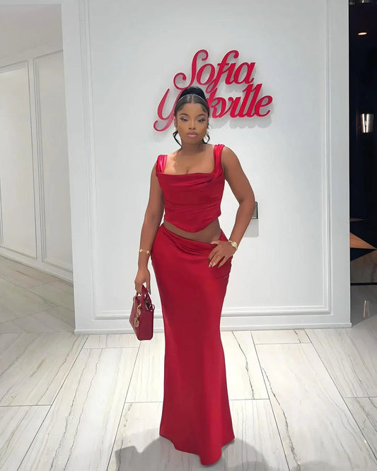 Mingmingxi Wine Elegant and Beautiful Womens Dresses Sexy Corset Cropped Top and Skirt 2 Piece Set Christmas New in Dresses SHOWLU FASHION STORE