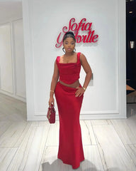 Mingmingxi Wine Elegant and Beautiful Womens Dresses Sexy Corset Cropped Top and Skirt 2 Piece Set Christmas New in Dresses SHOWLU FASHION STORE