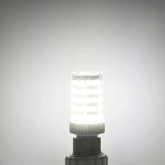 A bright G9 LED corn bulb with 86 small chips emitting a cool white light.
