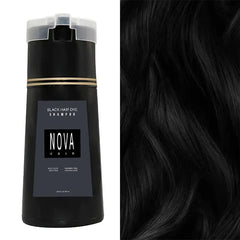 A bottle of Nova black hair dye shampoo next to a swatch of wavy black hair.