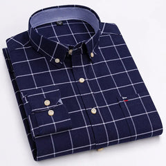 Men's 100% Cotton Smart Casual Shirt Long Sleeve Plaid Oxford Casual Solid Color Print Regular Fit Dress Shirt Oversized 6XL