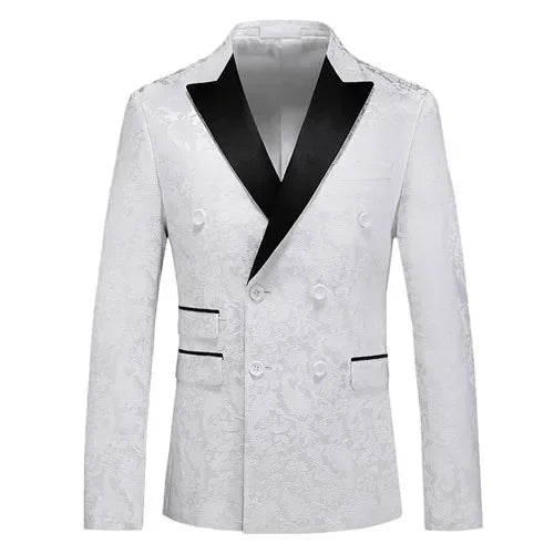 A white double-breasted men's suit jacket with a black notched lapel and patterned fabric.