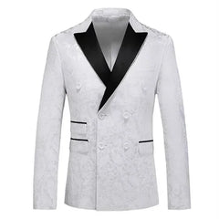 A white double-breasted men's suit jacket with a black notched lapel and patterned fabric.
