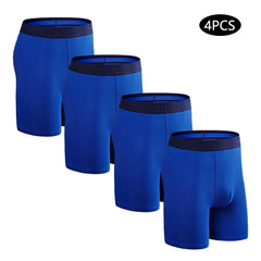 A set of four blue cotton boxer briefs for men with long legs and elastic waistbands.