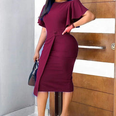 Dress Women Mid Length Dresses Green Slim Ruffles Bodycon Round Neck Short Sleeve Sexy Elegant Party High Waist Vestidos