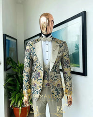 A three-piece floral jacquard suit with a cream vest, bow tie, and matching trousers.