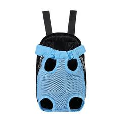 A blue and black mesh pet backpack carrier with adjustable straps for small dogs or cats.