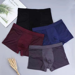 Four pairs of men's breathable mesh boxer shorts in black, blue, maroon, and grey.