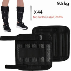 A pair of black adjustable ankle weights with removable steel bars for strength training.
