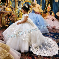 Customized Champagne Flower Girl Dresses For Wedding Appliques With Bow Elegant Princess Birthday Party First Communion Gown