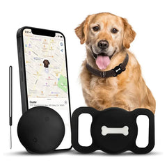 A smart Bluetooth tracking tag shown with a smartphone app, a dog, and a protective collar case.
