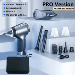 A handheld wireless vacuum cleaner with various attachments, filters, and a storage case.