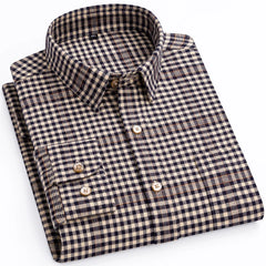 Men's Flannel Long Sleeve Premium Heavy Cotton Shirt England Style Casual Standard-fit Plaid Striped Thick Soft Brushed Shirts