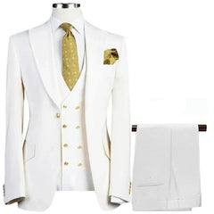 A three-piece white men's suit featuring a blazer, double-breasted vest, and matching trousers.