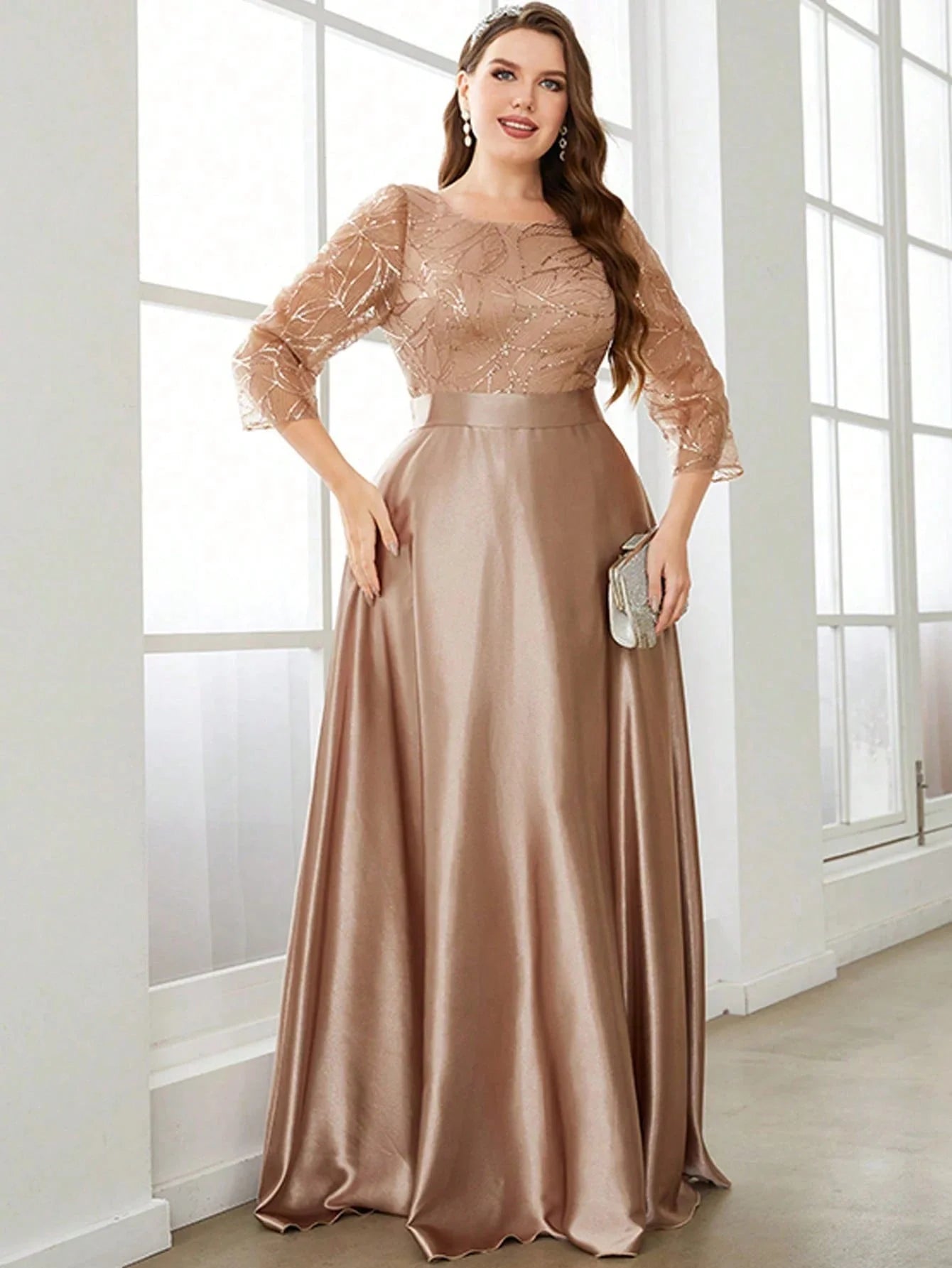 Mgiacy Crew neck long sleeve sequin patchwork satin long gown ball dress Party dress Bridesmaid dress SHOWLU FASHION STORE