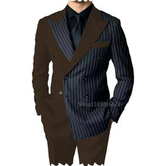 A slim fit two-piece men's suit featuring a brown and black pinstriped double-breasted blazer.