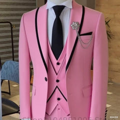 Men's Solid Slim Fit 3-Piece Business Suit Set with Blazer Vest And Pants for Wedding Party Luxury Fashion Tuxedo