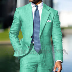 Blue Linen Single Breasted Men Suit Two Pieces(Jacket+Pants) Outfits Casual Party Prom Wedding Set