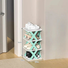 A four-tier, foldable, mint green and white plastic shoe rack holding various pairs of shoes.