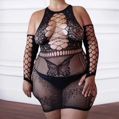 Fat Plus Size Dress Lady Lingerie Erotic Open Cup Crotchless Halter Costumes Sleeve Fishnet Backless Buttock Sexy Women Games SHOWLU FASHION STORE