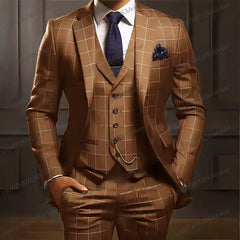 New Plaid Navy Blue Men Suit Groom Groomsman Wedding Party Formal Business Prom Male Tuxedos 3 Piece Set Blazer Vest Pants