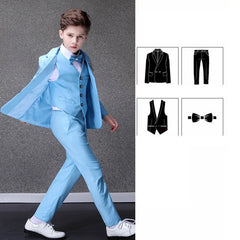 A boy wears a sky blue formal suit consisting of a blazer, vest, trousers, and a bow tie.