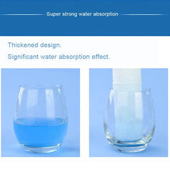 A disposable face towel is shown absorbing blue liquid from a glass.