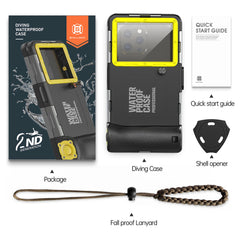 A waterproof phone case with a lanyard, shell opener, and quick start guide.
