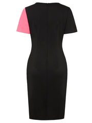 A black bodycon sheath dress with a short pink sleeve on the left side.